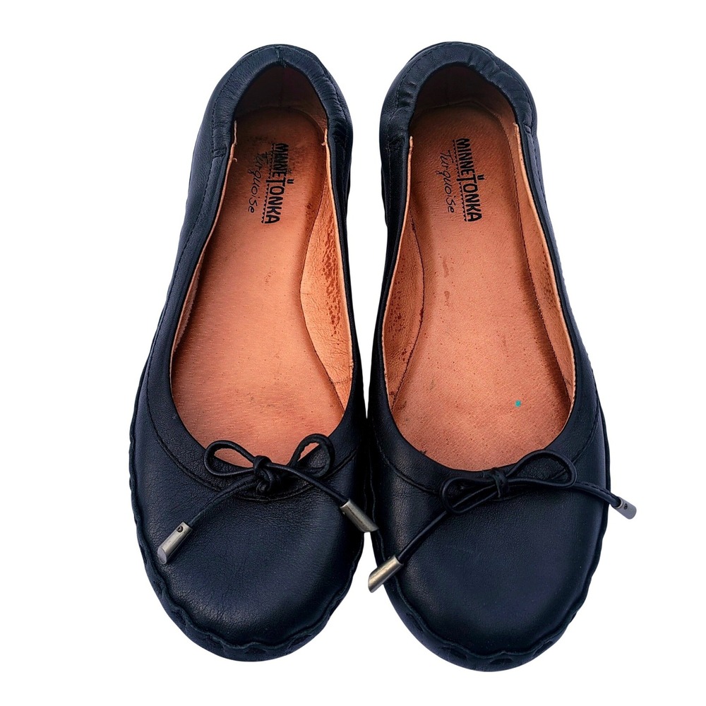 Minnetonka Turquoise Anna Black Leather Ballet Flats Bow Shoes Womens 7 69800